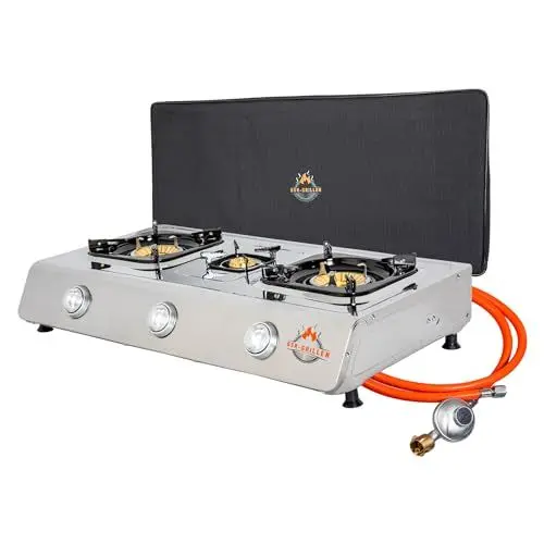 Produktbild: BSR-Grillen Gaskocher Edelstahl Campingkocher mit insg. 10,2 kW Leistung, Piezozündung, Zündsicherung, 150 cm Gasschlauch, Druckminderer 50 mbar, Pfannenständer aus Emaille (3-flammig + Haube)