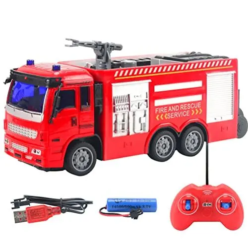 Produktbild: BSTCAR Ferngesteuertes Feuerwehrauto mit LED-Lichtern,RC-Feuerwehrauto Spielzeug Sprühendes Wasser Auto Lastwagen Rettung Spielzeug für Kinder Mädchen (Paket mit ferngesteuertem