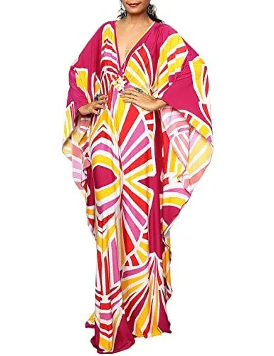 Produktbild: Bsubseach Plus Size Caftan Kleider für Damen Strandkleid Fledermaus Ärmel Sommer Maxi Kaftan Kleid Rose Rot Gelb
