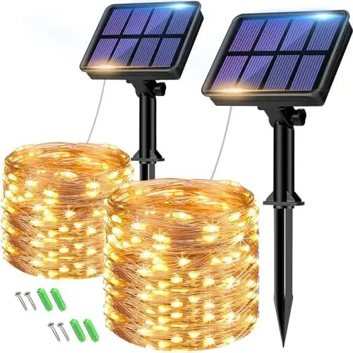 Produktbild: btfarm Solar Lichterkette Aussen, 2x8M 80 LED Solarlichterkette Außen Wetterfest 8 Modi IP65 Wasserdicht Kupferdraht, Outdoor Lichterkette Solar Kette Draht für Balkon Garten Deko, Warmweiß