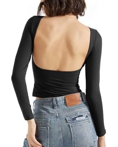 Produktbild: BTFONIA Rückenfreies Ausgeh-Oberteil for Damen, doppelt gefüttert, offener Rücken, Basic-Langarm(Black,M)