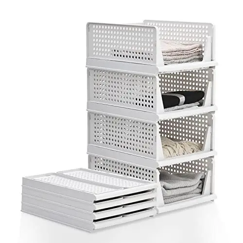 Produktbild: BTGGG 4 Stück Kleiderschrank Organizer Stapelbar Plastik Schrank Organizer Kleiderschrank Aufbewahrungsbox, Leicht ausziehbare Schubladenteiler für Kleidung Schrank Speisekammer Wäscherei