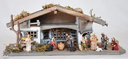 Produktbild: BTV Premium Weihnachtskrippe + Zubehör, massiv Vollholz Massivholz komplett MIT hochwertigen Premium Figuren, Krippe MIT Figuren und Zubehör, Krippenstall Weihnachten Krippenzubehör