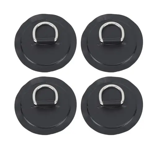 Produktbild: Buachois 4 Stück D-Ring-Patch, 9,9 cm Edelstahl-D-Ring-Patch, runde Form, PVC, Schlauchboot, Kanu, Floß, Surfbrett, Kajak, Zurrbefestigung, kein Kleber (Schwarz)