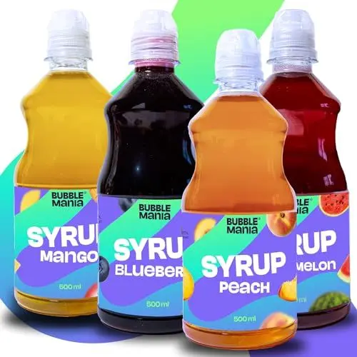 Produktbild: BubbleMania Frucht Zerup zuckerfrei MIX 4 x 500 ml – Blauberre, Mango, Pfirsich, Wassermelone | Getränke Sirup für Popcorn, Bubble Tea, Eis & Kuchen