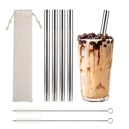 Produktbild: Bubble Tea Strohhalme - Edelstahl Trinkhalme Wiederverwendbare - Großen Metall Strohalme 12mm*215mm mit 2 Bürsten und 1 Tragetasche, Spülmaschinenfest Silber