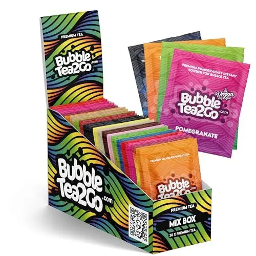 Produktbild: BubbleTea2Go - Mix Box Bubble Tea Pulver (30 Portionen) - Getränkepulver für Milch, Erfrischender Bubble Tee Pulver Mix, Instant Pulver für Boba Tea, Eistee, Slushies, Smoothie, Eiskaffee & mehr