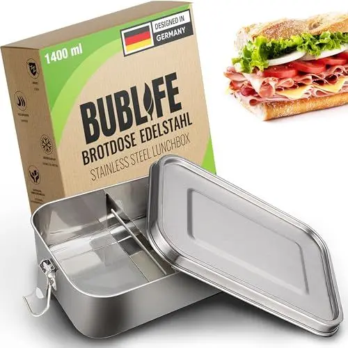Produktbild: Bublife 1400ml Brotdose, Lunchbox, Brotdose Kinder mit Fächern, Bento Box Kinder, Jausenbox, Lunchbox Erwachsene, Edelstahl Dose mit Fächern, Brotdose-Erwachsene