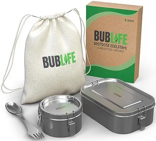 Produktbild: Bublife Brotdose Kinder mit Fächern Edelstahl 1400ml Auslaufsicher | Vesperbox-Edelstahl Kinder | Brotdose mit Fächern Erwachsene | Inkl 2x Trennwand, Mini Dose | Metall Brotdose