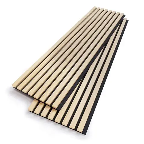 Produktbild: BUBOS Akustikpaneele 2er Set, 120x32,7 cm Wandpaneele Holz, wandverkleidung holzpaneele wand für Wohnzimmer,Home Office & Studio（Natürliche Eiche）