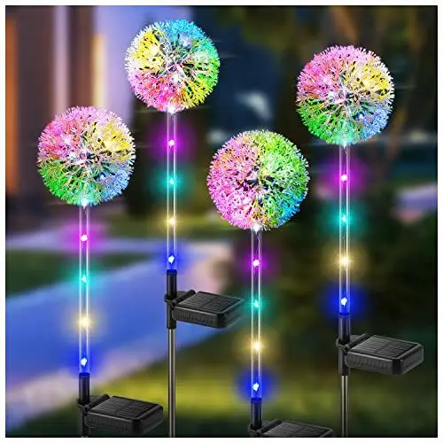 Produktbild: BUCASA Solarlampen für Außen Garten, 4 Stück Solarleuchten für Außen Löwenzahn mit Farbig LED, IP65 Wasserdicht Solar Blumen Lampe für Rasen Balkon Terrasse Hof Garten Deko Geschenke für Frauen