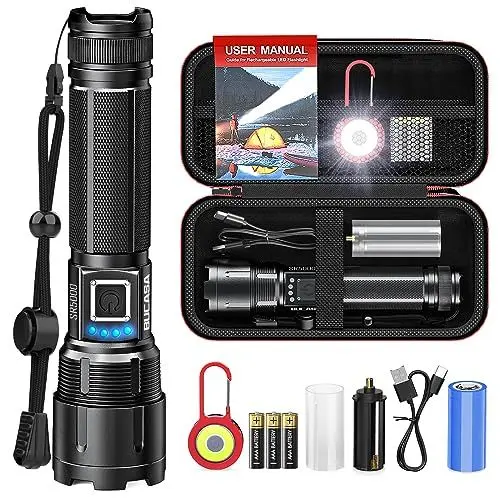 Produktbild: BUCASA Taschenlampe LED Aufladbar, Extrem Hell 20000 Lumen, 5 Modi Zoombar Taschenlampe mit USB Powerbank, Wasserdicht Langer Laufzeit Flashlight für Camping Wandern Outdoor Notfäll