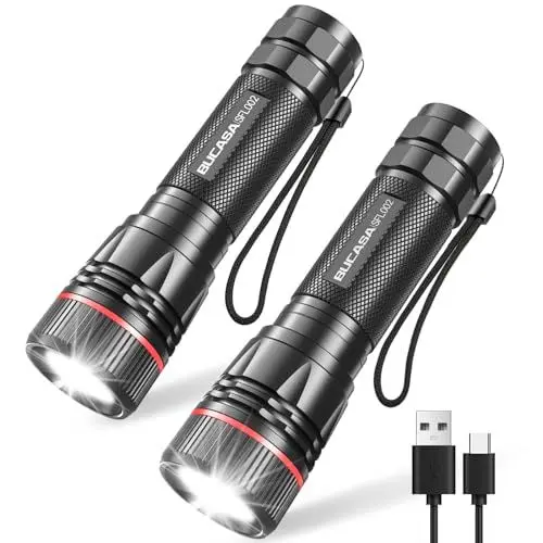 Produktbild: BUCASA Taschenlampe LED Aufladbar, 2 Stück Extrem Hell LED Taschenlampe mit 3 Modi, 2000 Lumen Tragbar Taschenlampe Kinder, Wasserdicht Zoombare Flashlight für Camping Outdoor Wandern Notfäll