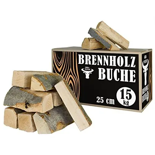 Produktbild: Buche Brennholz Kaminholz 15 kg für Ofen und Kamin Kaminofen Feuerschale Grill Feuerholz Holz Buchenholz Holzscheite Wood 25 cm Kammergetrocknet Grillmaster