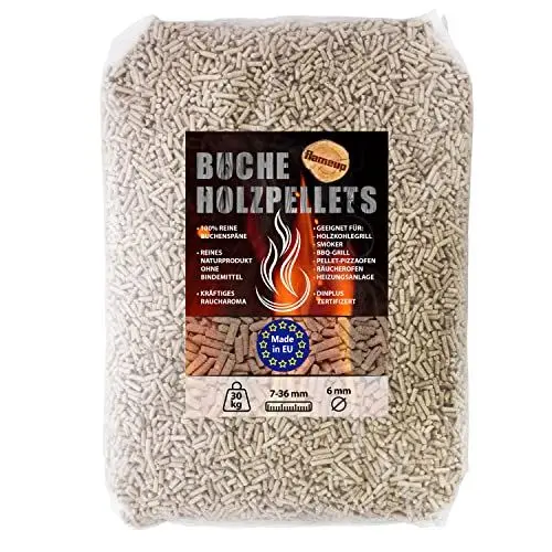Produktbild: Buche Pellets 30 kg Grill Smoker Holz Pizzaofen BBQ Pellet Outdoor Ofen Grillen Chunks Holzpellets Garten Räuchern Pizza Wood Smoke Zubehör Rauch Flameup
