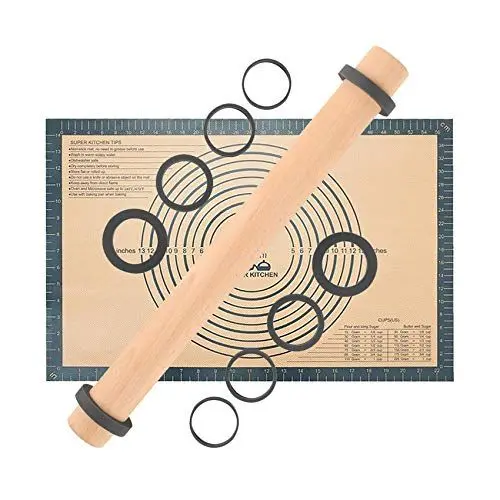 Produktbild: Buchenholz Nudelholz Einstellbares Teigroller, Fondant Rolling Pin Teigrolle mit Distanz-Scheiben in 5 Größen, Backmatte Silikon Backunterlage 60 x 40 cm Ausrollmatte Silikonmatte Teigunterlage Grau