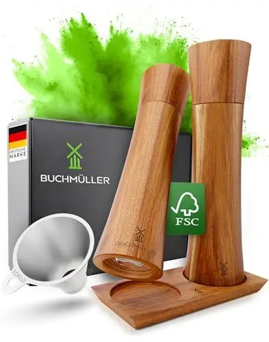 Produktbild: BUCHMÜLLER® Salz und Pfeffermühle Holz Groß - Hochwertiges Set Pfeffer & Salzmühle mit Trichter & Untersetzer - Gewürzmühle Holz mit Keramikmahlwerk - Idealer Küchenhelfer & Geschenkidee