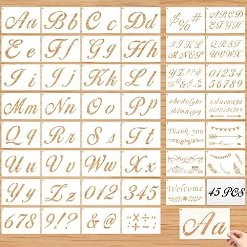 Produktbild: Buchstaben Schablonen, 45 Stück Kunststoff Alphabet Buchstaben Zahlen Schablonen Groß Klein Buchstaben Zeichenschablonen Wiederverwendbar Malerei Schablonen für Holz Wand Fenster Journal Karten