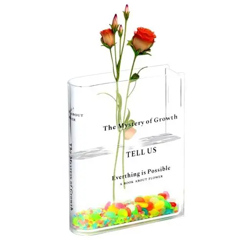 Produktbild: Buchvase, Acryl Buch Vasen, Book Vase, Klare Tulpenvasen, Transparente Buchblumenvase für Blumen Vasen, Bücherform Blumenvase für Schlafzimmer Wohnzimmer Dekoration, mit Leuchtsteine & Leuchtsand