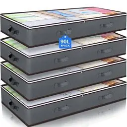Produktbild: Budding Joy 4 Stück 90L Unterbettkommode, Aufbewahrungsbox mit Deckel Faltbare Unterbett Aufbewahrungsbox für Kleidung, Bettdecken und Bettwäsche, Grau