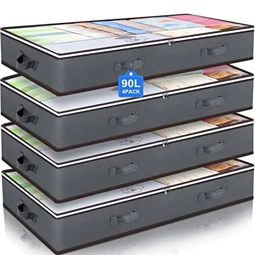 Produktbild: Budding Joy 4 Stück 90L Unterbettkommode, Aufbewahrungsbox mit Deckel Faltbare Unterbett Aufbewahrungsbox für Kleidung, Bettdecken und Bettwäsche, Grau