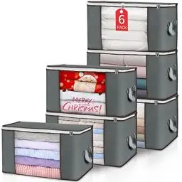 Produktbild: Budding Joy 6 Stück 90L Aufbewahrungstasche, Aufbewahrungsbox mit Deckel Große, Kleider Aufbewahrung Umzugskartons, Faltbare Unterbett Kleiderschrank für Kleidung Bettdecken und Bettwäsche, Grau