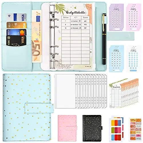 Produktbild: Budget Planner Deutsch - A6 Budget Binder Ringbuchordner Geld Organizer Sparen - Finanzplaner Cash Stuffing Haushaltsbuch mit Geldfacher - Sparbuch mit Folien für Sinking Funds