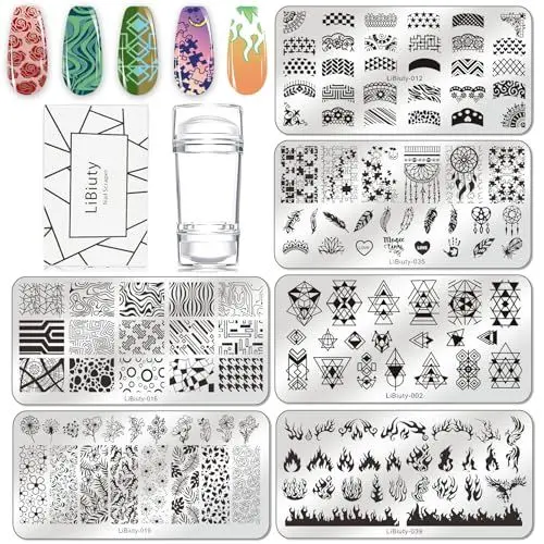 Produktbild: BUDOCI 6st Nagel Stamping Schblonen Platte Set,Nail Stamping Kit mit Nagelplatte,Stempel und Schaber für Nagelstempel Maniküre French Nail Art