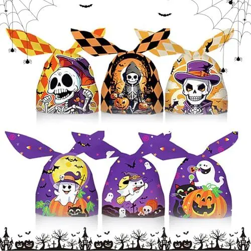 Produktbild: BUDPSI Halloween Tüten für Süßigkeiten, 100 Stück Bunt zellophantüten Plätzchentüten CPE Halloween Süßigkeiten Tüte Candy Bag Hasenohren-Stil zur Aufbewahrung für Süßigkeiten, Keksen und Pralinen