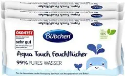 Produktbild: Bübchen Aqua Touch Feuchttücher, 144 Stück (3 x 48) – sensitive Pflegetücher mit 99% purem Wasser, feuchte Tücher für Neugeborene und Babys