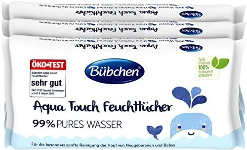 Produktbild: Bübchen Aqua Touch Feuchttücher, 144 Stück (3 x 48) – sensitive Pflegetücher mit 99% purem Wasser, feuchte Tücher für Neugeborene und Babys