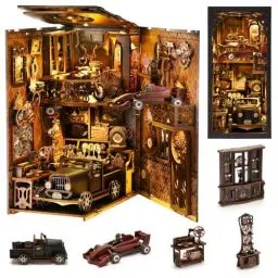 Produktbild: Bücherecke Bausatz, 3D DIY Holzpuzzle Puppenhaus Bausatz für Erwachsene & Teens, Bücherecke Bücherregal Einsatz Dekoration Buchstütze Miniatur Bausatz mit Sensor Licht (Vintage Car)