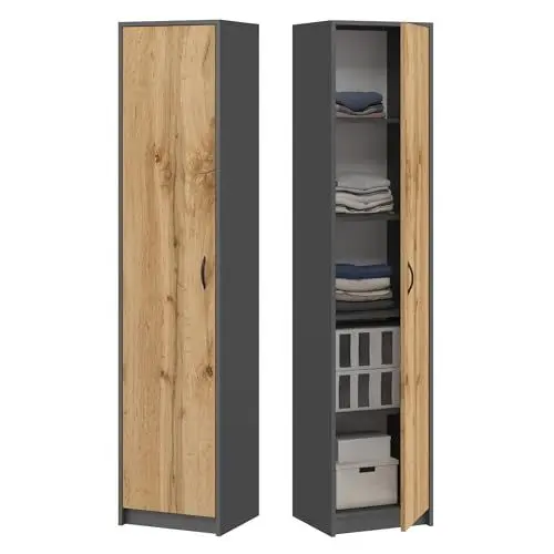 Produktbild: Bücherregal Kleiderschrank Regal anthrazit-Eiche 40cm breit 180cm hoch Schrank Organizer Mehrzweckschrank, 4 verstellbaren Einlegeböden Aktenschrank Regal Wand schmal Holz für Schlafzimmer Flur Büro