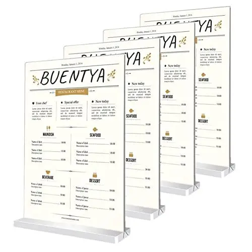 Produktbild: BUENTYA 4 Stück Tischaufsteller Schräg Acrylaufsteller A6 T ständer Menükartenhalter Thekenaufsteller Transparent Werbeaufsteller Glasklar Acryl mit Sockelboden T Form Aufsteller Flyer für Restaurant