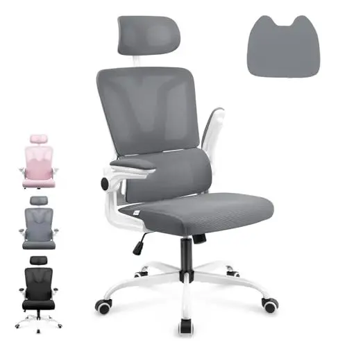 Produktbild: Bürostuhl Ergonomisch，Schreibtischstuhl mit Lordosenstütze，Verstellbarer Armlehnen，Kopfstütze，Höhenverstellbarer，Wippfunktion，Chefsessel aus Mesh，Gepolstertem Sitzkissen,Computerstuhl，Drehstuhl，Grau