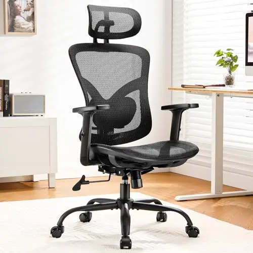 Produktbild: Bürostuhl Ergonomisch: Hochlehner-Mesh-Stuhl mit verstellbarer Lendenstütze, 2D-Kopfstütze, oberen & unteren Armlehnen, 90-120° Neigung, breitem Sitzkissen, ideal für Gaming & Home-Office, Schwarz.