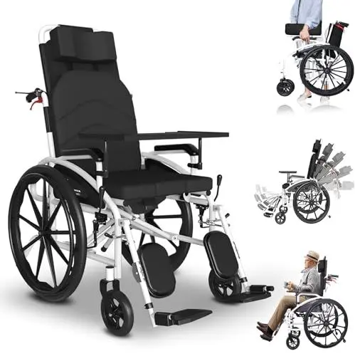 Produktbild: Bueuwe rollator schmal für wohnung, Pflegerollstuhl mit Liegefunktion, rollstuhl faltbar leicht, Liegender Transportrollstuhl Mit Abnehmbarer Kopfstütze Und Anhebbarer Beinstütze