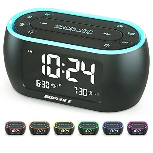 Produktbild: BUFFBEE Nachttisch-Wecker-Radio mit 7-Farben, Dual-Alarm, Snooze, Dimmer, USB-Ladegerät, Nap Timer, Digitaler mit FM-Radio und Auto-Off-Timer, netzbetrieben mit Batterie-Backup