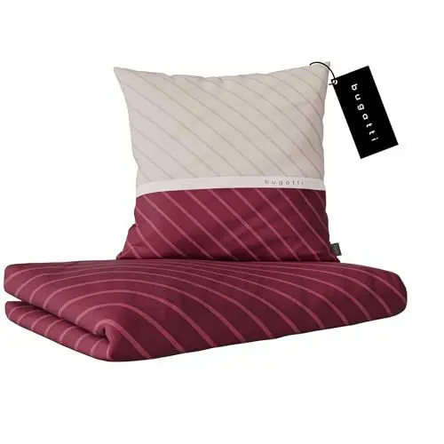Produktbild: bugatti Bettwäsche 135 x 200 cm - 100% Baumwolle, Reißverschluss, anschmiegsam, weich & waschbar, Mako Satinbettwäsche gestreift dunkelrot beige