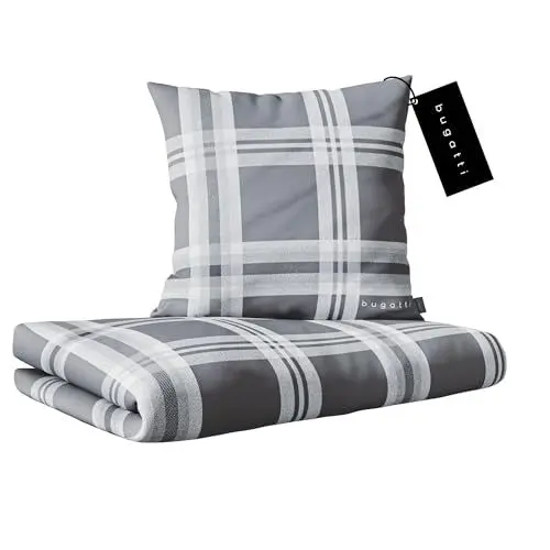 Produktbild: bugatti Bettwäsche 135 x 200 cm - 100% Baumwolle, Reißverschluss, anschmiegsam, weich & waschbar, Mako Satinbettwäsche kariert grau