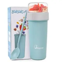 Produktbild: Bugucat 2in1 Müslibecher to Go 130ml+420ml, Praktischer Joghurtbecher & Müslibecher für Picknick, Auslaufsicherer Lunchpot Joghurtbecher to Go mit Löffel, Salatbecher Yoghurt to Go mit Löffel, Blau
