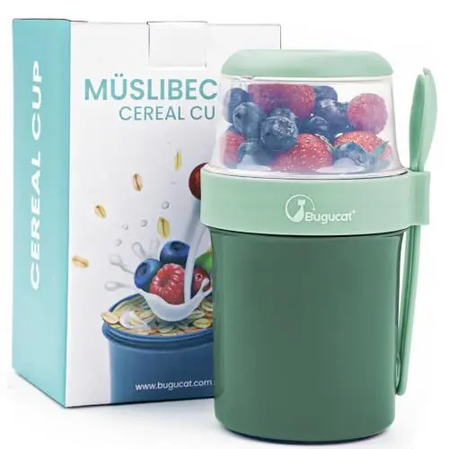 Produktbild: Bugucat 2in1 Müslibecher to Go 560ml+310ml, Praktischer Joghurtbecher & Müslibecher Kinder, Auslaufsicherer Lunchpot Joghurtbecher to Go mit Löffel, Salatbecher Yoghurt to Go mit Löffel, Grün