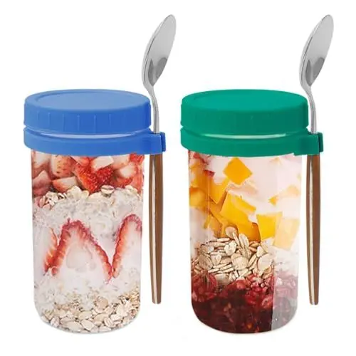 Produktbild: Bugucat 2pcs Müslibecher to Go 600ML, Praktischer Glas Joghurtbecher&Müslibecher, Auslaufsicherer Lunchpot Joghurtbecher to Go mit Löffel, Salatbecher Yoghurt to Go mit Messmarkierungen, Blau+Grün