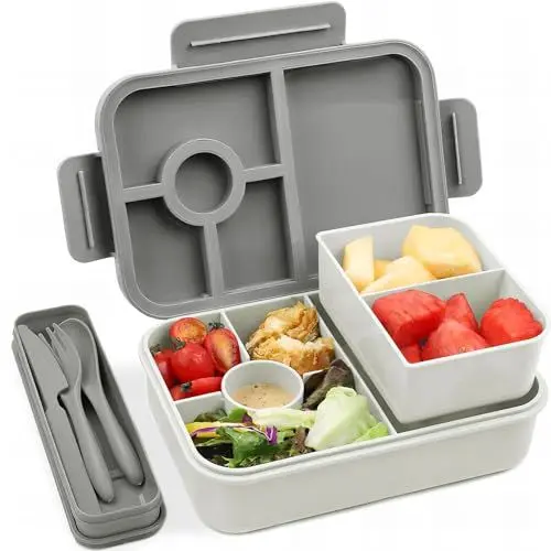 Produktbild: Bugucat Brotdose Kinder mit Fächern 1300ML,Lunchbox Kinder Auslaufsicher mit 5 Fächern,Bento Box Lunchbox mit Fächern für Erwachsene,Vesperdose Frühstücksbox für Mädchen & Jungen BPA-Frei Grau