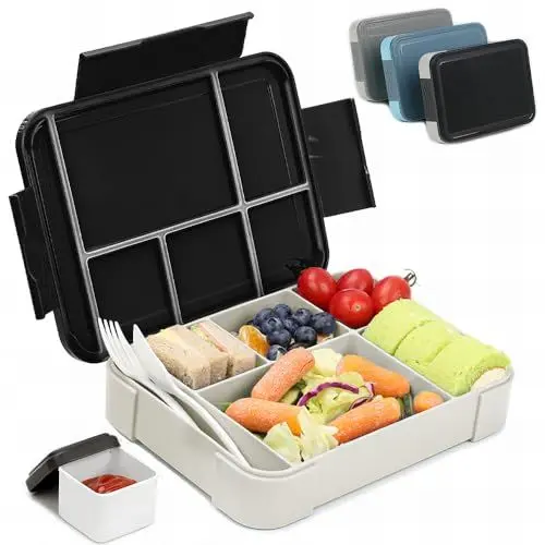 Produktbild: Bugucat Brotdose Kinder mit Fächern 1330ML,Lunchbox Kinder Bento Box Auslaufsicher mit 6 Fächern Besteckset,Vesperdose Frühstücksbox für Mädchen Jungen
