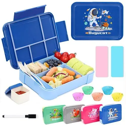 Produktbild: Bugucat Brotdose Kinder mit Fächern 1330ML 12 PCS,Lunchbox Kinder Bento Box Auslaufsicher mit 6 Fächern Besteckset,Vesperdose Frühstücksbox für Mädchen Kindergarten,Brotdose für Erwachsene Grau