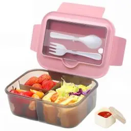 Produktbild: Bugucat Brotdose Kinder mit Fächern 1400ML, Auslaufsicher Lunchbox Kinder Bento Box Kinder Erwachsene mit Besteck,Frühstücksbox Snack Box mit Soßenbox,Brotdosen Vesperdose für Mädchen & Jungen Rosa