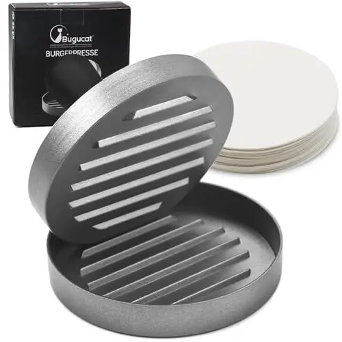 Produktbild: Bugucat Burgerpresse, Hamburgerpresse Antihaft-Burger Presse, Patty Presse mit 100 x Wachspapierbögen, Hamburgerpresse Set Burger Pattie Presse aus Aluguss für BBQ Patties leckere Hamburger, Φ11CM