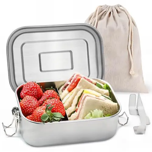 Produktbild: Bugucat Edelstahl Brotdose 800ML,Lunchbox Kinder Brotdosen mit Trennwänd und Aufbewahrungstasche,Auslaufsichere Bento Box Jausenbox Kinder für Mädchen & Jungen,Snackbox Vesperdose für Schule Büro