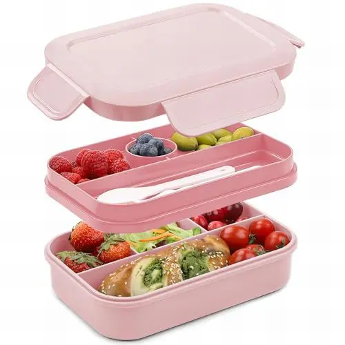Produktbild: Bugucat Lunchbox Erwachsene 2000ML, Bento Box Brotdose mit 6 Fächern und Besteckset, Vesperdose Frühstücksbox für Mikrowellen und Spülmaschinen, Brotbox Brotdosen für Erwachsene BPA-Freie Rosa